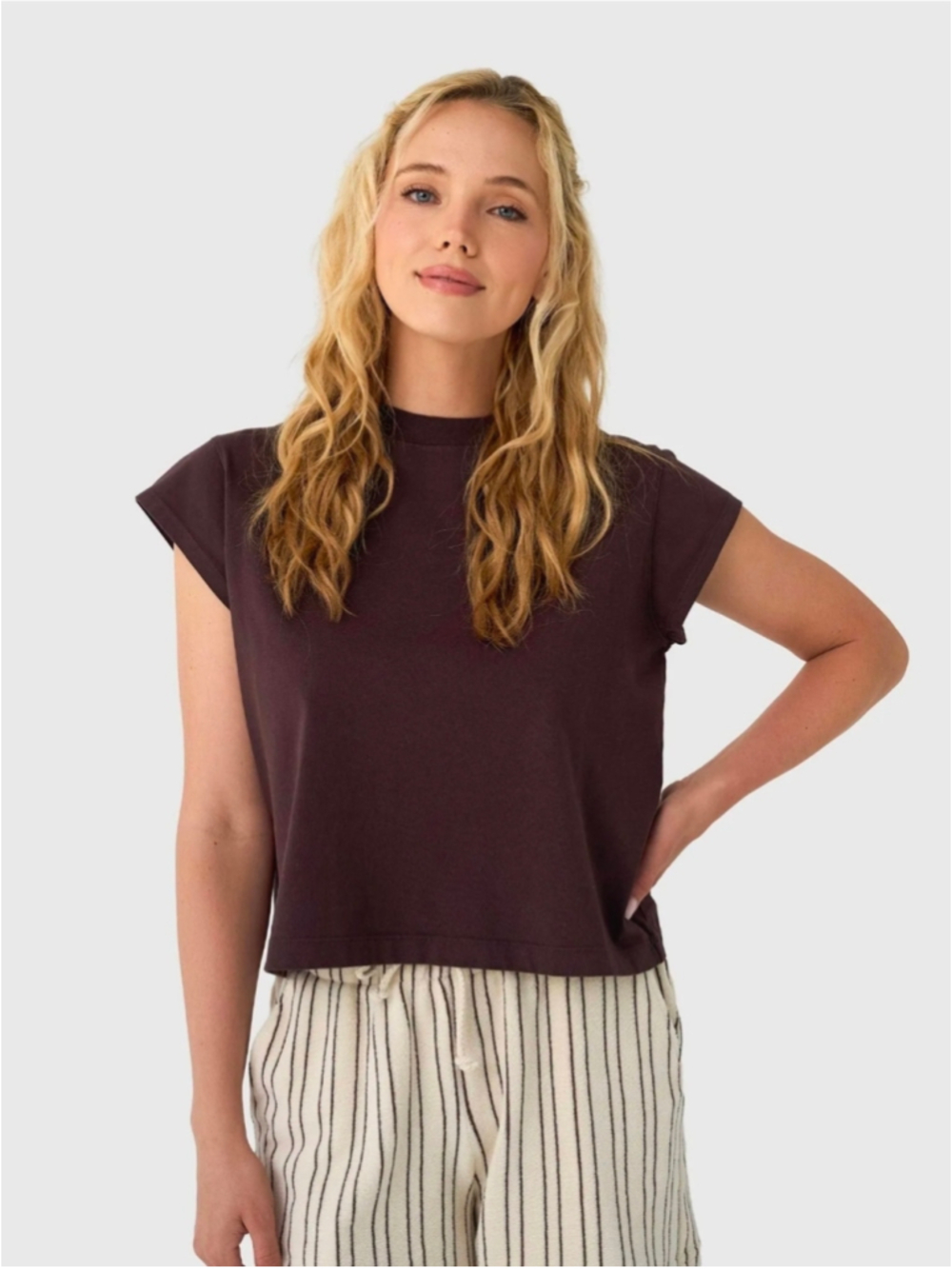 Women's AGOLDE Bryce Cap Sleeve Crewneck Cotton Tee Brown Size Small